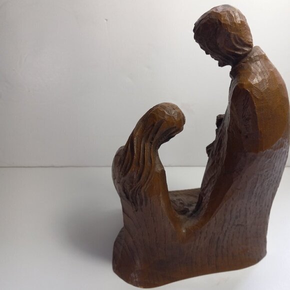 Holy Family Religious Woodgrain Statuette Vintage Resin Dk. Mid Century 1960s - Picture 6 of 9